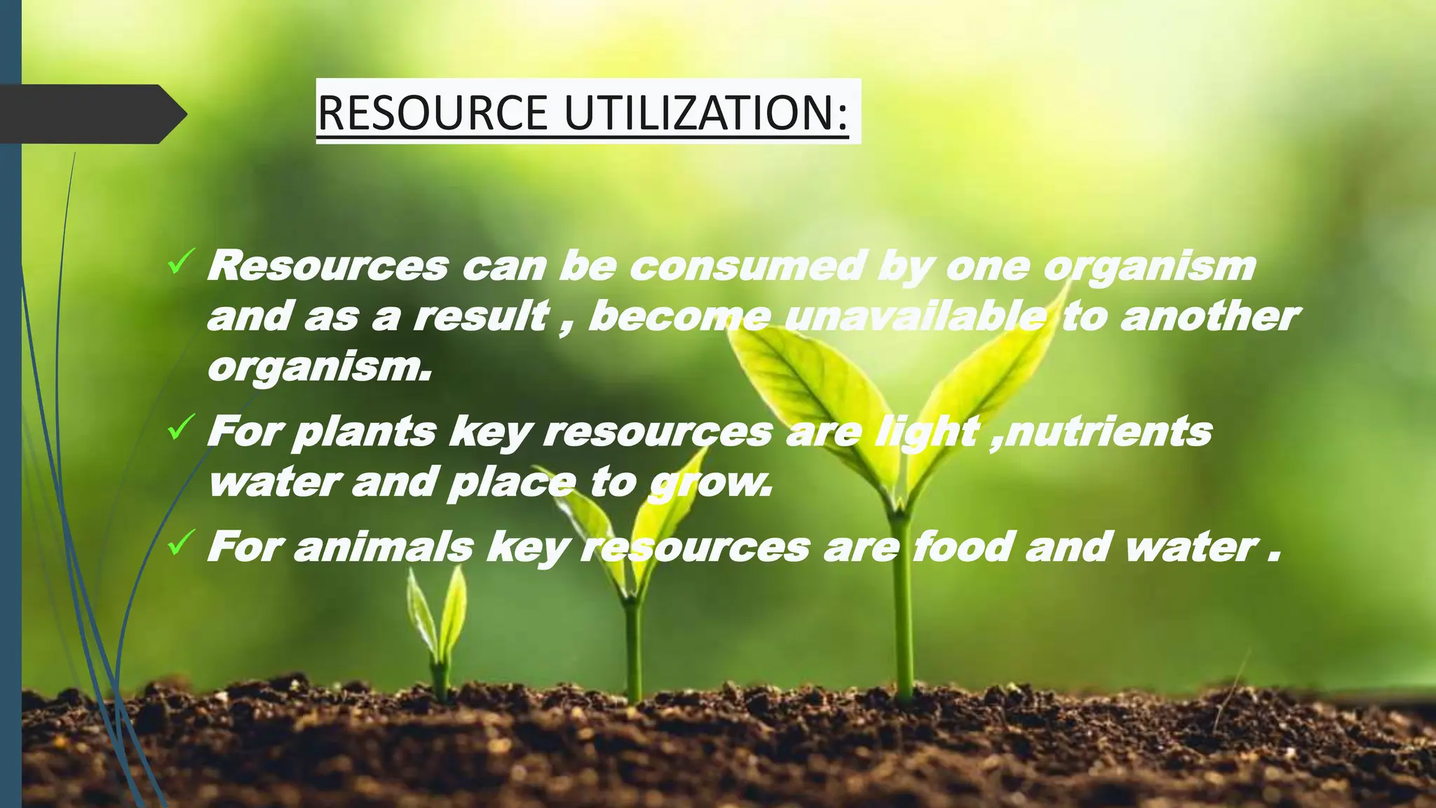 RESOURCE UTILIZATION:
 Resources can be consumed by one organism
and as a result , become unavailable to another
organism.
 For plants key resources are light ,nutrients
water and place to grow.
 For animals key resources are food and water .
 