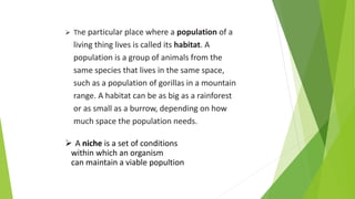  The particular place where a population of a
living thing lives is called its habitat. A
population is a group of animals from the
same species that lives in the same space,
such as a population of gorillas in a mountain
range. A habitat can be as big as a rainforest
or as small as a burrow, depending on how
much space the population needs.
 A niche is a set of conditions
within which an organism
can maintain a viable popultion
 