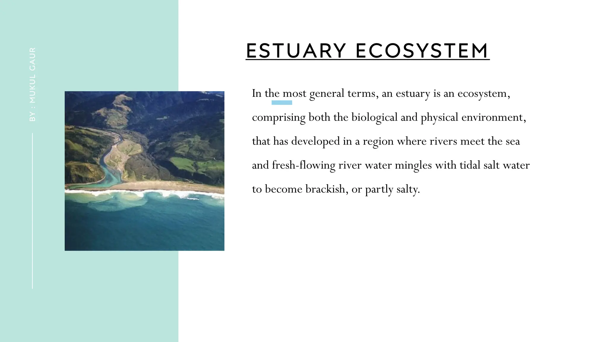 ESTUARY ECOSYSTEM
In the most general terms, an estuary is an ecosystem,
comprising both the biological and physical environment,
that has developed in a region where rivers meet the sea
and fresh-flowing river water mingles with tidal salt water
to become brackish, or partly salty.
BY
:
MUKUL
GAUR
 