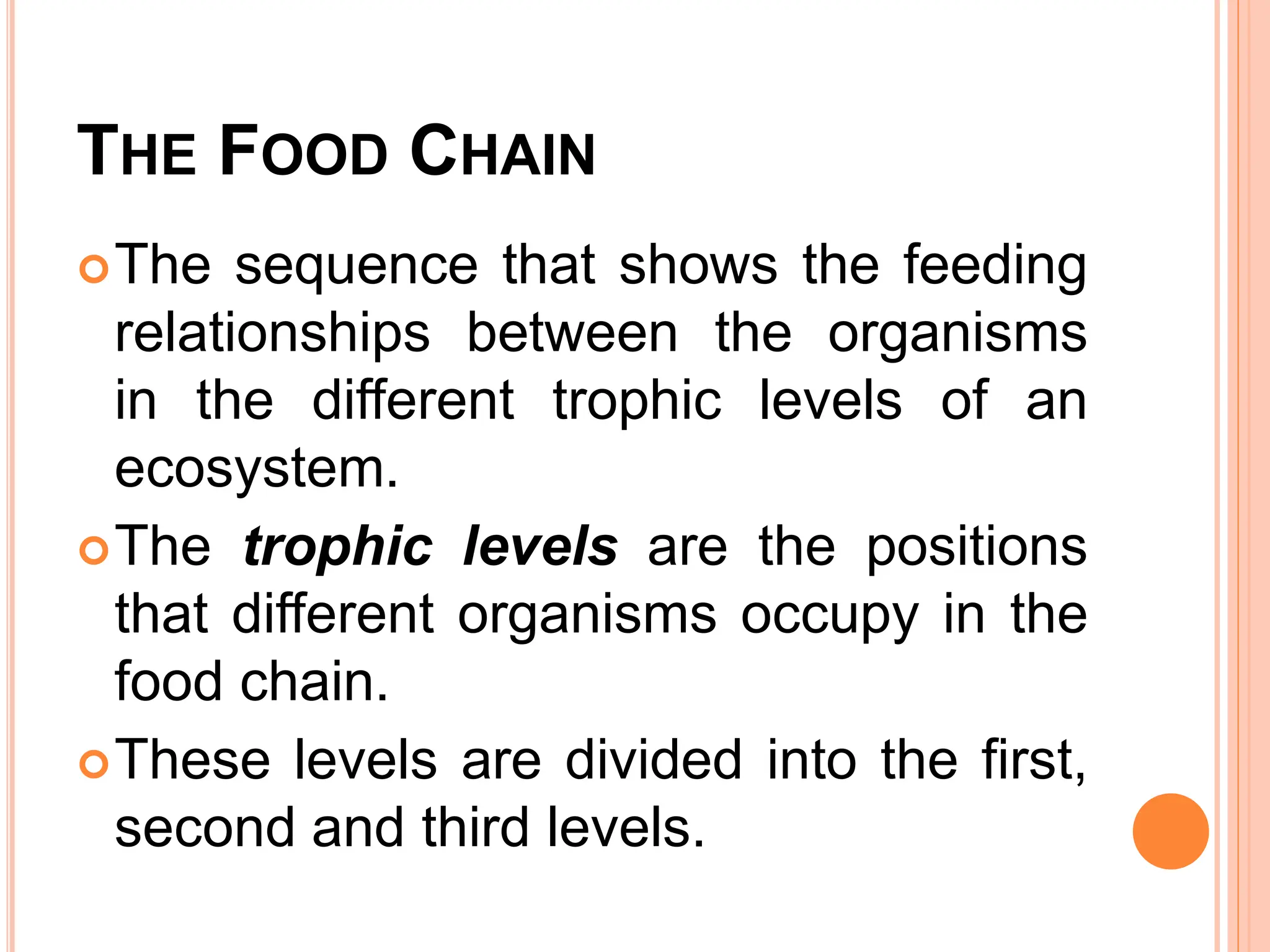 THE FOOD CHAIN
The sequence that shows the feeding
relationships between the organisms
in the different trophic levels of an
ecosystem.
The trophic levels are the positions
that different organisms occupy in the
food chain.
These levels are divided into the first,
second and third levels.
 
