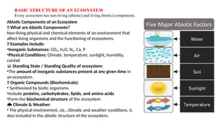 BASIC STRUCTURE OF AN ECOSYSTEM
Every ecosystem has non-living (abiotic) and living (biotic) components.
Abiotic Components of an Ecosystem
🧪 What are Abiotic Components?
Non-living physical and chemical elements of an environment that
affect living organisms and the functioning of ecosystems.
🔹 Examples Include:
•Inorganic Substances: CO₂, H₂O, N₂, Ca, P
•Physical Conditions: Climate, temperature, sunlight, humidity,
rainfall
📊 Standing State / Standing Quality of ecosystem:
•The amount of inorganic substances present at any given time in
an ecosystem.
🔬 Organic Compounds (Biochemicals):
• Synthesised by biotic organisms
•Include proteins, carbohydrates, lipids, and amino acids
•Form the biochemical structure of the ecosystem
️
🌦️Climate & Weather:
• The physical environment, viz., climatic and weather conditions, is
also included in the abiotic structure of the ecosystem.
 