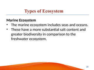 Types of Ecosystem
Marine Ecosystem
• The marine ecosystem includes seas and oceans.
• These have a more substantial salt content and
greater biodiversity in comparison to the
freshwater ecosystem.
20
 