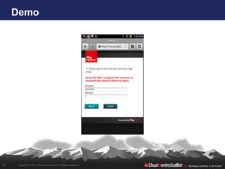 Demo




22    Copyright © 2011. Cloud Identity Summit. All Rights Reserved.
 