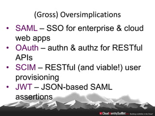 (Gross) Oversimplications
• SAML – SSO for enterprise & cloud
  web apps
• OAuth – authn & authz for RESTful
  APIs
• SCIM – RESTful (and viable!) user
  provisioning
• JWT – JSON-based SAML
  assertions
 
