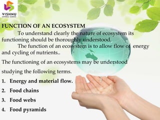 FUNCTION OF AN ECOSYSTEM
To understand clearly the nature of ecosystem its
functioning should be thoroughly understood.
The function of an ecosystem is to allow flow of energy
and cycling of nutrients..
The functioning of an ecosystems may be understood
studying the following terms.
1. Energy and material flow.
2. Food chains
3. Food webs
4. Food pyramids
 