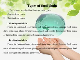 Types of food chain
Food chains are classified into two main types
1. Grazing food chain
2. Detritus food chain
1.Grazing food chain
Found in Grassland ecosystems and pond ecosystems. Grazing food chain
starts with green plants (primary procedures) and goes to decomposer food chain
or detritus food chain through herbivores and carnivores.
1.Detritus food chain
Found in Grassland ecosystems and forest ecosystems. Detritus food chain
starts with dead organic matter (plants and animals) and goes to decomposer food
chain through herbivores and carnivores.
 