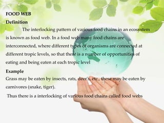 FOOD WEB
Definition
The interlocking pattern of various food chains in an ecosystem
is known as food web. In a food web many food chains are
interconnected, where different types of organisms are connected at
different tropic levels, so that there is a number of opportunities of
eating and being eaten at each tropic level
Example
Grass may be eaten by insects, rats, deer's, etc., these may be eaten by
carnivores (snake, tiger).
Thus there is a interlocking of various food chains called food webs
 