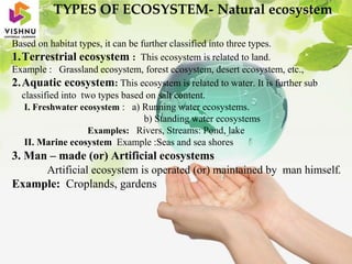 TYPES OF ECOSYSTEM- Natural ecosystem
Based on habitat types, it can be further classified into three types.
1.Terrestrial ecosystem : This ecosystem is related to land.
Example : Grassland ecosystem, forest ecosystem, desert ecosystem, etc.,
2.Aquatic ecosystem: This ecosystem is related to water. It is further sub
classified into two types based on salt content.
I. Freshwater ecosystem : a) Running water ecosystems.
b) Standing water ecosystems
Examples: Rivers, Streams: Pond, lake
II. Marine ecosystem Example :Seas and sea shores
3. Man – made (or) Artificial ecosystems
Artificial ecosystem is operated (or) maintained by man himself.
Example: Croplands, gardens
 