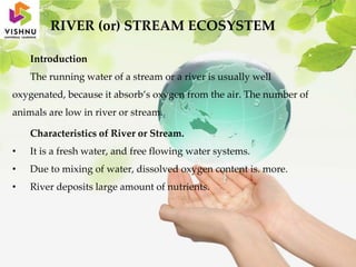 RIVER (or) STREAM ECOSYSTEM
Introduction
The running water of a stream or a river is usually well
oxygenated, because it absorb’s oxygen from the air. The number of
animals are low in river or stream.
Characteristics of River or Stream.
• It is a fresh water, and free flowing water systems.
• Due to mixing of water, dissolved oxygen content is. more.
• River deposits large amount of nutrients.
 