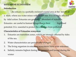 ESTUARINE ECOSYSTEM
Introduction
An estuary is a partially enclosed coastal area at the’ mouth of
a river, where sea water mixes with freshwater. It is strongly affected
by tidal action. Estuaries are generally : abundant of nutrients.
Estuaries are useful to human beings due to their high food
potential. It is essential to protect the estuaries from pollution.
Characteristics of Estuarine ecosystem
1. Estuaries are transition zones, which are strongly affected by tides
of the sea.
2. Water characteristics are periodically changed.
3. The living organism in estuarine ecosystems have wide tolerance.
4. Salinity remains highest during the summer and lowest during the
winter
 