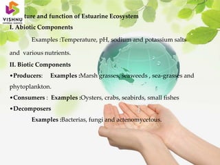 Structure and function of Estuarine Ecosystem
I. Abiotic Components
Examples :Temperature, pH, sodium and potassium salts
and various nutrients.
II. Biotic Components
•Producers: Examples :Marsh grasses, seaweeds , sea-grasses and
phytoplankton.
•Consumers : Examples :Oysters, crabs, seabirds, small fishes
•Decomposers
Examples :Bacterias, fungi and actenomycetous.
 