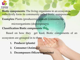 Biotic components: The living organisms in an ecosystem
collectively form its community called biotic components.
Examples: Plants (producers), animals (consumers),
microorganisms (decomposers).
Classification Biotic components
Based on how they get food, Biotic components of an
ecosystem are grouped in to three
1. Producer (plants)
2. Consumer (Animals)
3. Decomposers (Micro-organisms)
 