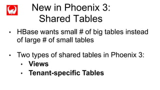 New in Phoenix 3:
Shared Tables
• HBase wants small # of big tables instead
of large # of small tables
• Two types of shar...