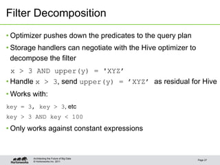 © Hortonworks Inc. 2011
Filter Decomposition
• Optimizer pushes down the predicates to the query plan
• Storage handlers can negotiate with the Hive optimizer to
decompose the filter
x > 3 AND upper(y) = 'XYZ’
• Handle x > 3, send upper(y) = ’XYZ’ as residual for Hive
• Works with:
key = 3, key > 3, etc
key > 3 AND key < 100
• Only works against constant expressions
Page 27
Architecting the Future of Big Data
 