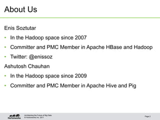 © Hortonworks Inc. 2011
About Us
Page 2
Architecting the Future of Big Data
Enis Soztutar
•  In the Hadoop space since 200...