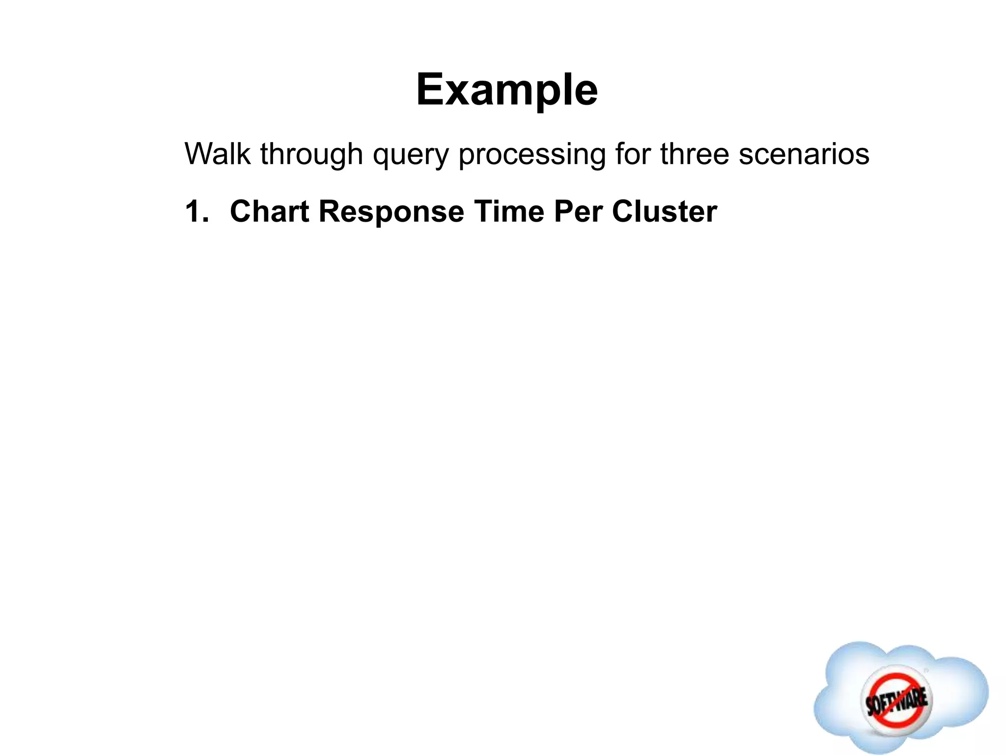 Example
Walk through query processing for three scenarios
1. Chart Response Time Per Cluster
 