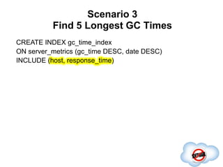 Scenario 3
Find 5 Longest GC Times
Completed
CREATE INDEX gc_time_index
ON server_metrics (gc_time DESC, date DESC)
INCLUD...