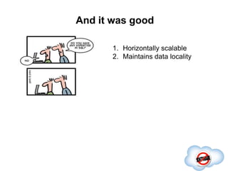 And it was good
Completed
1. Horizontally scalable
2. Maintains data locality
 