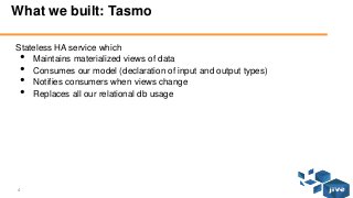 4 © Jive confidential
What we built: Tasmo
Stateless HA service which
• Maintains materialized views of data
• Consumes ou...