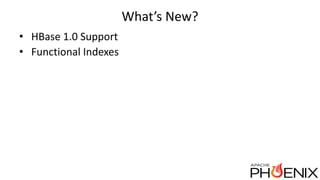 What’s New?
• HBase 1.0 Support
• Functional Indexes
 
