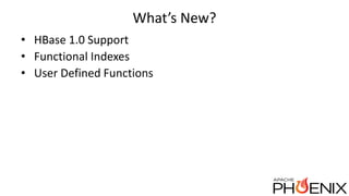 What’s New?
• HBase 1.0 Support
• Functional Indexes
• User Defined Functions
 