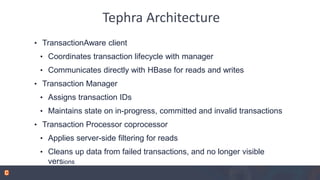 Tephra Architecture
• TransactionAware client
• Coordinates transaction lifecycle with manager
• Communicates directly with HBase for reads and writes
• Transaction Manager
• Assigns transaction IDs
• Maintains state on in-progress, committed and invalid transactions
• Transaction Processor coprocessor
• Applies server-side filtering for reads
• Cleans up data from failed transactions, and no longer visible
versions
 