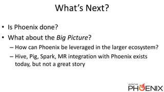 What’s Next?
• Is Phoenix done?
• What about the Big Picture?
– How can Phoenix be leveraged in the larger ecosystem?
– Hive, Pig, Spark, MR integration with Phoenix exists
today, but not a great story
 