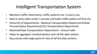 Intelligent Transportation System
• Monitors traffic movements, traffic patterns etc. in every city.
• Data in every data center is private and holds traffic pattern of that city
• Hierarchy of departments - National Transportation Department/State
Transportation Department/City Transportation Department
• National/State Transportation Department – Virtual node
• Helps to aggregate results/statistics over all the data centers.
• Easy access and single point of view of all the data centers.
 