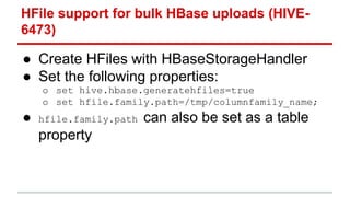 ● Create HFiles with HBaseStorageHandler
● Set the following properties:
o set hive.hbase.generatehfiles=true
o set hfile.family.path=/tmp/columnfamily_name;
● hfile.family.path can also be set as a table
property
HFile support for bulk HBase uploads (HIVE-
6473)
 
