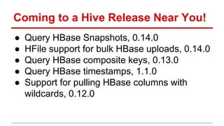 Coming to a Hive Release Near You!
● Query HBase Snapshots, 0.14.0
● HFile support for bulk HBase uploads, 0.14.0
● Query HBase composite keys, 0.13.0
● Query HBase timestamps, 1.1.0
● Support for pulling HBase columns with
wildcards, 0.12.0
 