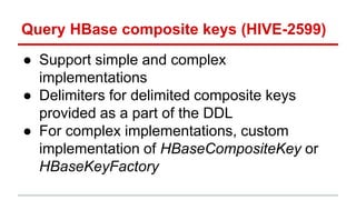 Query HBase composite keys (HIVE-2599)
● Support simple and complex
implementations
● Delimiters for delimited composite k...