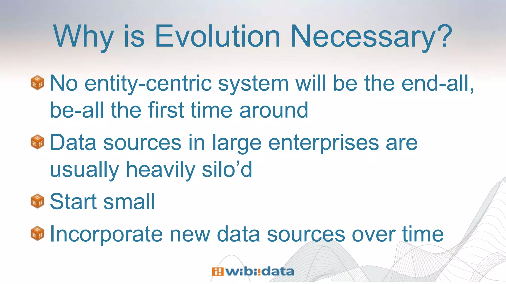 Why is Evolution Necessary?
No entity-centric system will be the end-all,
be-all the first time around
Data sources in large enterprises are
usually heavily silo’d
Start small
Incorporate new data sources over time
 