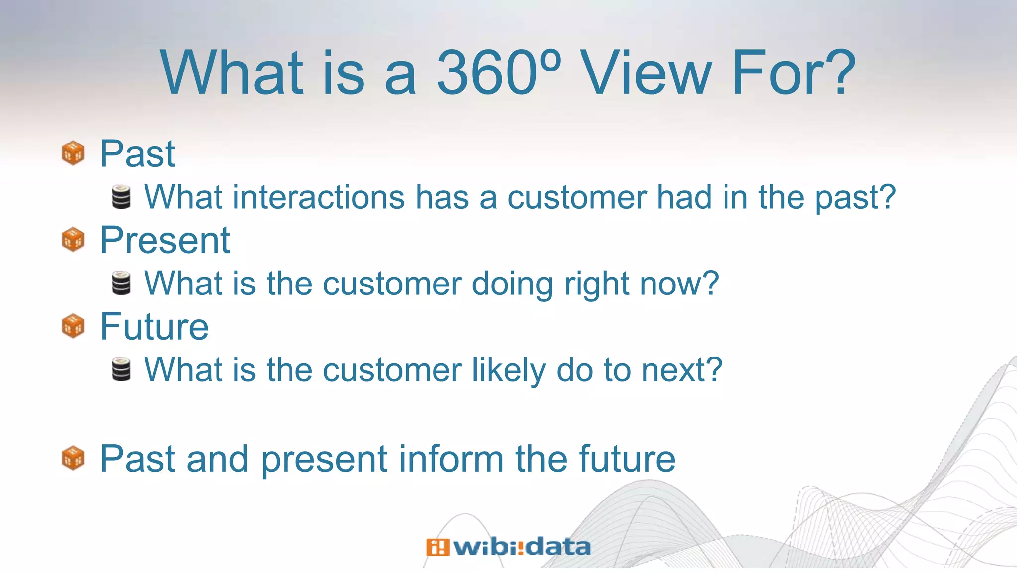What is a 360º View For?
Past
What interactions has a customer had in the past?
Present
What is the customer doing right now?
Future
What is the customer likely do to next?
Past and present inform the future
 
