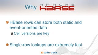Why
HBase rows can store both static and
event-oriented data
Cell versions are key
Single-row lookups are extremely fast
 