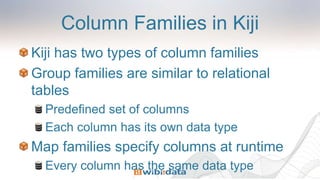 Column Families in Kiji
Kiji has two types of column families
Group families are similar to relational
tables
Predefined set of columns
Each column has its own data type
Map families specify columns at runtime
Every column has the same data type
 