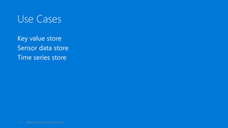 Use Cases
Key value store
Sensor data store
Time series store
Maxim Lukiyanov, Ashit Gosalia13
 