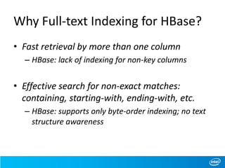 Why Full-text Indexing for HBase?
• Fast retrieval by more than one column
– HBase: lack of indexing for non-key columns
• Effective search for non-exact matches:
containing, starting-with, ending-with, etc.
– HBase: supports only byte-order indexing; no text
structure awareness
 