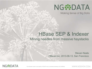 WWW.NGDATA.COMThe information herein is the property of NGDATA and is considered proprietary and confidential
HBase SEP & Indexer
Mining needles from massive haystacks
Steven Noels
HBaseCon, 2013-06-13, San Francisco
 