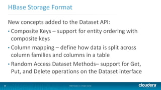 14
HBase Storage Format
©2014 Cloudera, Inc. All rights reserved.14
New concepts added to the Dataset API:
• Composite Keys – support for entity ordering with
composite keys
• Column mapping – define how data is split across
column families and columns in a table
• Random Access Dataset Methods– support for Get,
Put, and Delete operations on the Dataset interface
 