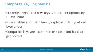 15
Composite Key Engineering
©2014 Cloudera, Inc. All rights reserved.15
• Properly engineered row keys is crucial for optimizing
HBase scans.
• HBase tables sort using lexicographical ordering of key
byte arrays
• Composite keys are a common use case, but hard to
get correct.
 