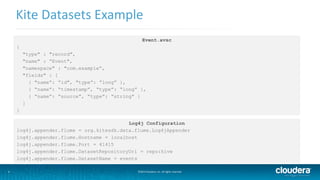 9
Kite Datasets Example
©2014 Cloudera, Inc. All rights reserved.
Event.avsc
{
"type" : "record",
"name" : ”Event",
"namespace" : "com.example”,
"fields" : [
{ "name”: ”id", "type”: ”long” },
{ “name”: “timestamp”, “type”: “long” },
{ “name”: “source”, “type”: “string” }
]
}
Log4j Configuration
log4j.appender.flume = org.kitesdk.data.flume.Log4jAppender
log4j.appender.flume.Hostname = localhost
log4j.appender.flume.Port = 41415
log4j.appender.flume.DatasetRepositoryUri = repo:hive
log4j.appender.flume.DatasetName = events
 