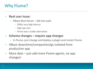 Why Flume?
4
• Real user issue:
• HBase Rest Server – did not scale
• OOM, very high latency
• High ops cost
• Flume was a viable alternative
• Schema changes – require app changes
• In Flume, just change and deploy a plugin and restart Flume.
• HBase downtime/compaction/gc isolated from
production app
• More data – just add more Flume agents, no app
changes!
 