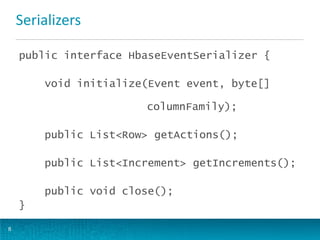 Serializers
8
public interface HbaseEventSerializer {
void initialize(Event event, byte[]
columnFamily);
public List<Row> ...