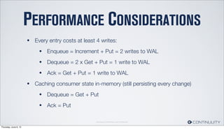 Continuuity Proprietary and Conﬁdential
PERFORMANCE CONSIDERATIONS
• Every entry costs at least 4 writes:
• Enqueue = Incr...