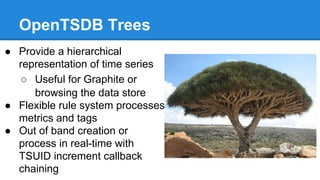 OpenTSDB Trees
● Provide a hierarchical
representation of time series
○ Useful for Graphite or
browsing the data store
● Flexible rule system processes
metrics and tags
● Out of band creation or
process in real-time with
TSUID increment callback
chaining
 