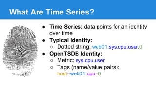What Are Time Series?
● Time Series: data points for an identity
over time
● Typical Identity:
○ Dotted string: web01.sys.cpu.user.0
● OpenTSDB Identity:
○ Metric: sys.cpu.user
○ Tags (name/value pairs):
host=web01 cpu=0
 