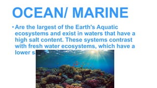 OCEAN/ MARINE
• Are the largest of the Earth's Aquatic
ecosystems and exist in waters that have a
high salt content. These systems contrast
with fresh water ecosystems, which have a
lower salt content.
 