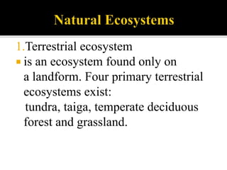 Natural Ecosystems1.Terrestrial ecosystemis an ecosystem found only on a landform. Four primary terrestrial ecosystems exist:             tundra, taiga, temperate deciduous forest and grassland.