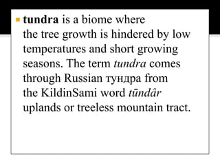 tundra is a biome where the tree growth is hindered by low temperatures and short growing seasons. The term tundra comes through Russian тундра from the KildinSami word tūndâr              uplands or treeless mountain tract.