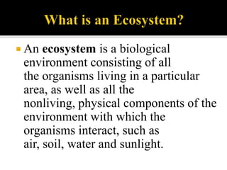 What is an Ecosystem?An ecosystem is a biological environment consisting of all the organisms living in a particular area, as well as all the nonliving, physical components of the environment with which the organisms interact, such as air, soil, water and sunlight.Fig.1An illustration of an Ecosystem.
